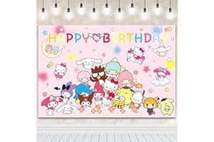 YUMCUTE San-ri Birthday Party Backdrop - Cartoon Happy Birthday Banner Background, Pink Theme Party Supplies, Photography Backdrop for Kids Boys Girls