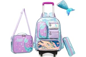 HTgroce Cartable à Roulette Sirene, Cartable Fille Primaire Roulette, Détachable Cartable a Roulette Fille Primaire