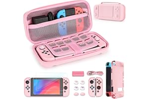YK YOUNIK Younik Switch Case for Switch 2017, 14 in 1 Accesseries Kit with Switch Carrying Case, Screen Protector, Protective Covers, Thumb Grips Caps, Game Card Case and Type C cable (Pink, Button Pattern)