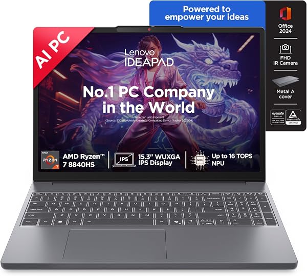 Lenovo IdeaPad Slim 3, AMD Ryzen 7 8840HS, 24GB RAM, 1TB SSD, WUXGA IPS, AI PC, 15.3"/38.8cm, Backlit Keyboard, Windows 11, Office Home 2024, Grey, 1.6Kg, 1Yr A