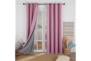 Deconovo Faux Linen 100% Blackout Curtains Eyelet Thermal Insulated Decorative Bedroom Curtains for Christmas Bedroom with Coating Back Layer 46 x 90 Inch Pink Set of 2