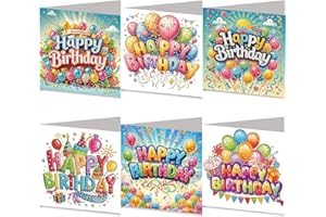 NHEMEYLP 6PCS DIY Diamond Art Birthday Cards with Envelopes for Children Adults 5D DIY Diamond Art Crystal Happy Birthday Card Kits for Family Friend Handmade Postcard Gift (Colour A)