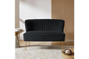 HULALA HOME Small 2 Seater Sofa, Velvet Upholstered Loveseat Sofa, Modern 2 Seater Couch with Golden Metal Legs, for Living Room Club Apartment Small Spaces BLACK
