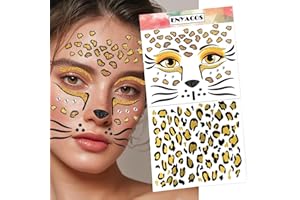 ENYACOS Leoparden Face Art Sticker mit Glitzer+leoparden tattoo – Selbstklebendes Gesichtstattoo für Karneval, Fasching, Halloween– Funken Glitzersteine für Leoparden-Look, Einfache Anwendung