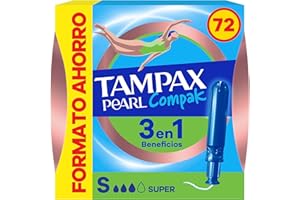 Tampax Tampones Pearl Compak Super Con Aplicador Suave, Pack de 72, 3 en 1 Protección Antifugas, Comodidad Y Fácil Inserción