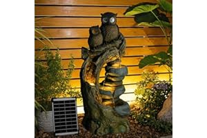 BUMILGAR Solar Springbrunnen Außen Eulen, 4 - Stufen Gartenbrunnen Kaskade Zimmerbrunnen mit LED - Beleuchtung, Gartenbrunnen für Balkon, Terrasse, Drinnen & Draußen, Gartendekoration, 87 cm