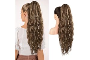 REECHO Ponytail Extension, 66 cm Long Beach Gewellt Zugband Pferdeschwanz Haarverlängerung Synthetischer Pferdeschwanz Haarteil für Frauen – Schokoladenbraun mit blonden Highlights