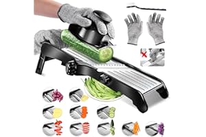 Masthome Mandolina per Verdure Professionale, Mandolina Regolabile in Inox con Lame, Mandolina Cucina Giapponese per Patate,Carote, Pomodori,Cavoli, Affetta Verdure Manuale con Guanti e Spazzolino