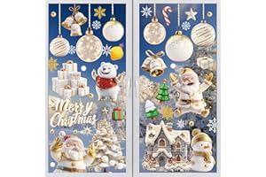 Wothfav Stickers Noel Fenetre, 9 Feuilles Sticker à Effet Stéréoscopique Blanc, 110 Pièces Noël Autocollant Fenêtre Réutilisable, Flocons de Neige Père Noël, Renne, Cloches, Decoration Noël