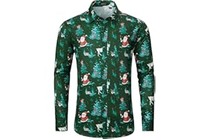 Hisdern Koszule świąteczne dla mężczyzn, z długim rękawem, zabawna koszula z motywem Mikołaja, Bożego Narodzenia, na świąteczne przyjęcie, koszule zapinane na guziki