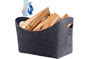 ZUMLLOMA Cesta Leña para Leña de Chimenea, Cesta de Fieltro con Guantes Protectores, Bolsa de Fieltro para Transportar Madera,Guardar Juguetes, Madera, Periódicos, Ropa, Compras