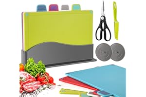 TJ POP Index Chopping Board Set of 4, Plastic Cutting Boards with Stand, Non Slip Color Coded Chopping Boards for Kitchen, Dishwasher Safe