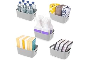 Stackzy Plastic Storage Baskets for Shelves – Strong Storage Boxes with Handles – Home and Kitchen Organiser – Rectangular Cupboard Storage Boxes –– Stackable Pantry Basket – Grey, 5pcs
