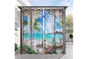 SK Studio 2 Stück Outdoor Vorhang Wetterfest Wasserdicht Sichtschutz Sonnenschutz Vorhang mit Strand-Ozean-Druckmuster für Balkon Terrasse Veranda Pergola Gartenlaube Stil 10, 150x166cm