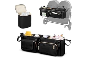 Prokva Organizador para Cochecito Doble Compatible con BOB Duallie y City Mini GT2 Cochecito Doble, Organizador para Cochecito Doble con Portavasos y Bolsa Nevera,Negro (Bolsa Vacía)