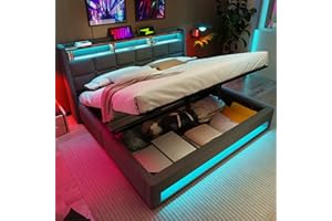 MYBOO 5ft King Size Upholstered Bed Frame with Hydraulic Lift & LED Storage Headboard, Functional Ottoman Bed with LED Lighting & USB Charging Function, Linen Gas Lift Bed with Slat, No Mattress, Grey