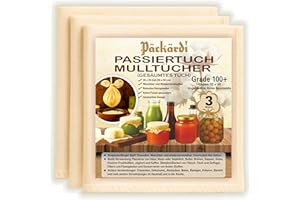 Grade 100+ PACKARDI Passiertuch 3 Stück ca. 50x50 cm je Käsetuch, Cheesecloth Filtertuch Seihtuch 100% ungebleicht, aus reiner Baumwolle, fusselfreie Mulltücher mit vernähten Ecken