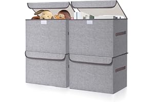 Bagnizer Large 22 Quart Linen Fabric Foldable Storage Bin Cube Organizer Basket with Flip-Top Lid & Handles, Clothes Blanket Box for Home, Office, Closet, Gray, 4 Pack, 37x24x24cm