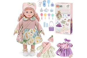 deAO Rosa långhårig docka - 36 cm flicka docka med 3 kläder och accessoarer