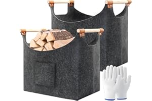 HANRD Ensemble Luxe de 2 Paniers à Bois - Panier Cheminée en Feutre Haut de Gamme avec Poignées & Gants (60L) | Solution de Rangement Pliable Idéal Cadeau