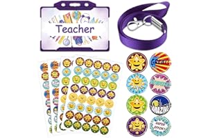 TENARE 7 Pcs Teacher Roleplay for Kids Christmas Pretend Teacher Gift Set Novelty Lanyard and Stickers ID Card Behaviour Reward Stickers School Stuff Kids Role Play Game Accessories (Star, Purple)