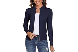 Aottori Damska bluza z długim rękawem, stójka, kardigan z zamkiem błyskawicznym, jednokolorowy, z dzianiny, na czas wolny, kurtka wierzchnia, morski, XL