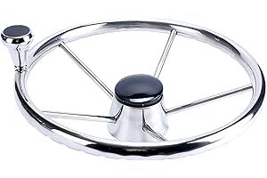 Amarine Made 5-Spoke 13-1/2 Inch Destroyer Style Stainless Boat Steering Wheel with Big Size Knob - XK-9310SRF1