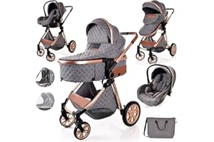 BONEELOOK Baby Buggy Pram Pushchair Stroller 3 in 1 Child Lightweight Folding Stroller 3 in 1 Travel System Pram for Newborns & Toddlers 0-36 Months from Birth Aluminum (Grey - Rose Gold Frame)