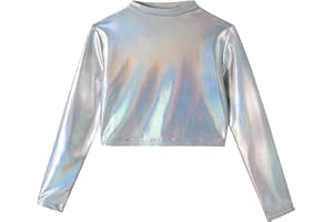 LOLANTA Girls Metallic Cropped Top Half Turtleneck, Sparkly Shiny Dance Shirt for Hip Hop, Disco, Stage & Party Wear