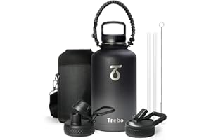 Trebo Stainless Steel Water Bottle 2L, Wide Mouth Insulated Water Bottle Double with Paracord Handle Sports Bottle Keep Cold 48 Hours Water Bottle with 3 Lids, Dark Gray