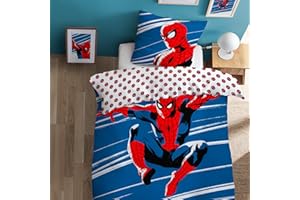 OMYDREAM Spiderman Home Parure de lit imprimée Anniversary | 100% Coton | Oeko-TEX | Housse de Couette 1 Personne garçon 140x200 cm + Taie d'oreiller 63x63 cm | Bleu