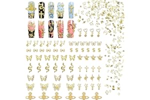 Laza 370pcs Gold Nail Charms Y2k Alloy Nail Art Charms 3D Love Snake Butterfly Pendant Nail Rhinestones Gothic Gold Multi-Shapes Metallic Studs Nail Art Jewelry Crystal Glitter for Nail Design