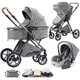Shineey 3 in 1 Baby Stroller with Height Adjustable Handle,3 in 1 Prams Travel System, Lightweight Foldable Pushchair, Prams with Aluminum Frame for Portable Baby Carriage