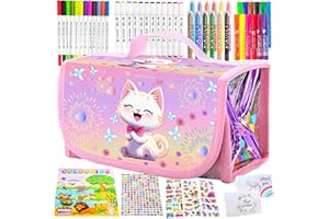 SUNXBUK Regalo Bambina 3 4 5 6 7 8 9 10 Anni,Valigetta Colori per Bambini,Acquerelli per Bambini,Pittura,Pennarello,Pastelli Colorati,Libro da Colorare,Giocattolo Bambina 3-10 Anni(Gatto,64 pcs)