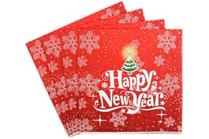 Tookala 40 Stück Rot Servietten Neujahr, Tischdeko Party Deko Einwegservietten, Fröhliche Neujahr Servietten, Happy New Year Napkin, Papiertücher 33x33cm