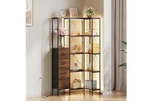 OYRREU Corner Shelf with LED Lighting, 5 Tier Book Shelf with 4 Fabric Drawers, Shelves, Bookcase, Bookshelf, Shelving Unit, Floor Standing, for Living Room Bedroom Office Rustic Brown