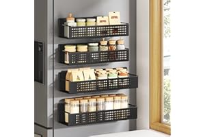 SONGMICS Magnetic Spice Racks, Set of 4, 2 Large and 2 Small Shelves, Spice Organisers, No Drilling Needed, Kitchen Shelf for Refrigerator, Microwave, Washing Machine, Ink Black KCS061B01