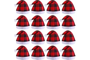 Fovths 16 Pack Christmas Santa Hats with White Cuffs Non-Woven Christmas Party Hats Santa Hat for Adults, Red and Black Plaid