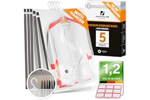 PACKDUDE Sacchetti Sottovuoto Vestiti da Appendere I 100x70 I Sacchi Sottovuoto Vestiti Grandi con Ganci I Buste Sottovuoto Vestiti per Abiti, Giacche I Organizer per Armadio Salvaspazio I 5 PEZZI