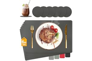 HELI MIAO Platzsets Abwaschbar,Tischsets Abwischbar,Tischset Leder,Hitzebeständig Doppelseitigen I 6er Set Platzdeckchen Kunstleder mit Untersetzer,Tischuntersetzer rutschfest,Platzdecken,Dunkelgrau
