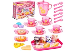 NITOY 33PCS Mint Pink Pretend Play Tea Party Set for Kids Plastic Mini Kitchen Food & Dessert Toys, BPA-Free Playset Accessories with Teapot, Cups, Plates, Macarons Role Play Gift for Girls & Boys Ages 3+