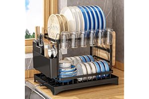 PUROVA Escurreplatos de 2 niveles de acero inoxidable para fregadero, estante grande sobre el fregadero con bandeja para cubiertos y boquilla giratoria, organizador para platos, tazas y tablas de cortar