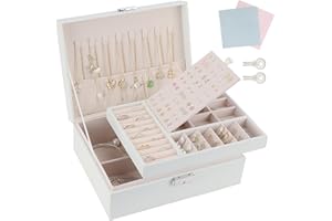TEIVUL Jewellery Box,2 Layer PU Leather Jewelry Box Organiser with 2 Keys,Suitable for Rings Earrings Necklaces Bracelets Accessories, Jewellery Box Gifts for Women Girls（White）