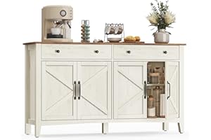 VASAGLE Credenza Cucina, Mobiletto con Cassetti, Mobile con Ante e Ripiani Regolabili in Altezza, Stile Farmhouse, per Soggiorno Sala da Pranzo, 40 x 140 x 80 cm, Bianco Rustico e Noce Medio BBK381W02
