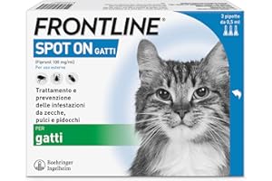 FRONTLINE Spot On, 3 Pipette, Gatto, Antiparassitario per Gatti e Gattini di Lunga Durata, Protegge da Zecche, Pulci e Pidocchi, Antipulci in Confezione da 3 Pipette da 0.5 ml