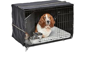 MidWest Homes for Pets Nowo ulepszone podwójne drzwi iCrate 91,44 cm (36 cali) zestaw skrzyni dla psa, zawiera skrzynię dla psa, legowisko dla zwierząt domowych, 2 miski i osłonę skrzyni, panel