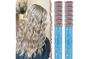 FESHFEN Tinsel Extension Capelli con clip, 12 Pezzi Glitter per Capelli Accessori da Festa e Look Fatina Kit Strass per Donne, Azzurro cielo 50 cm