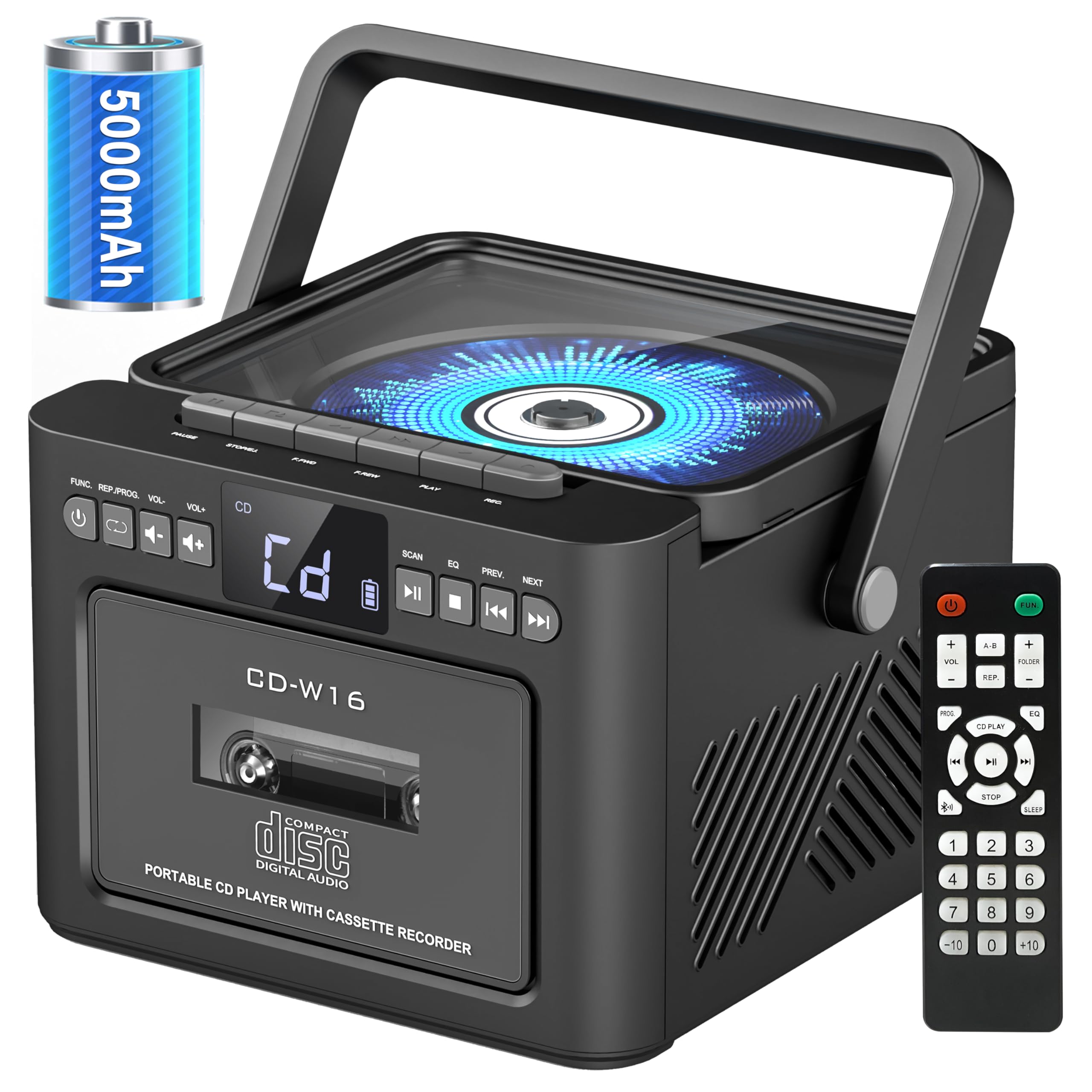 Boombox Cassette CD Player Bluetooth5.1 with 5000mAh Battery,5W Dual Stereo Speakers,Rechargeable CD Player with FM Radio,Remote Control,Tape Recording,3.5mm Earphone Jack,AUX/Micro SD/USB for Home