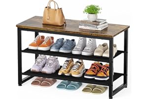 ‎HOMIDEC HOMIDEC Schuhregal mit 3 Ebenen, Schuhbank mit Holzplatte, Schuhregal mit Sitzbank, Regal Vliesstoff, für Eingangsbereich, Flur, Wohnzimmer, Tragkraft 150KG, Vintage