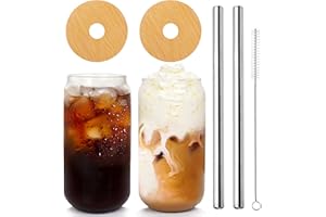 ANOTION Bicchiere da birra con coperchio e cannuccia, 2 confezioni da 20 once con coperchio in bambù Tazza da caffè ghiacciata in vetro a forma di bicchiere riutilizzabile Boba tazze grandi